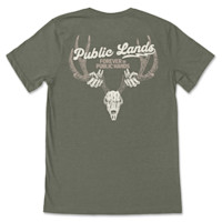 Olive t-shirt back with 'Public Lands' and 'FOREVER IN PUBLIC HANDS' over skull, antlers and skeletal hands graphic