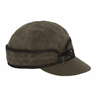 Olive waxed cotton cap with stitched panels, dark trim and adjustable drawcord