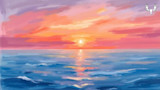 Sunset over ocean with pink-orange sky and sun reflecting on rippling waves; MeatEater logo