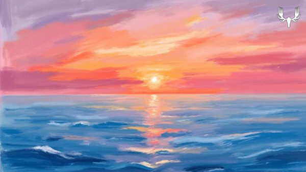 Sunset over ocean with pink-orange sky and sun reflecting on rippling waves; MeatEater logo