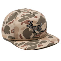 Vintage Whitetail camouflage cap with braided cord trim and embroidered running buck 'Wired to Hunt'