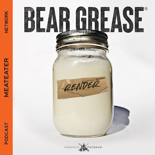 BEAR GREASE title above mason jar of white rendered fat labeled "RENDER"
