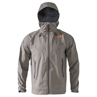 First Lite men's ultralight gray hooded rain jacket with orange logo