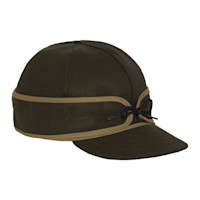 Stormy Kromer olive wool cap with tan trim and tied cord at side