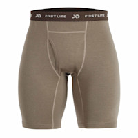 First Lite Wick long boxer briefs, tan with brown waistband reading "FIRST LITE"