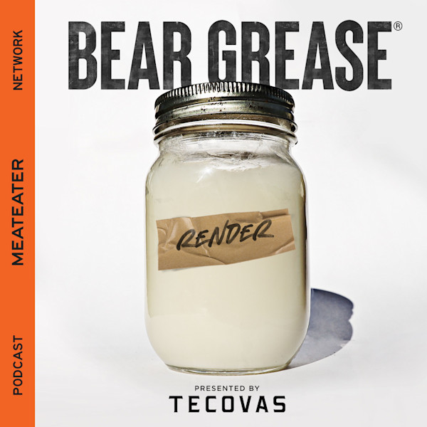 Mason jar of white grease labeled "RENDER" under bold title "BEAR GREASE"; presented by TECOVAS.