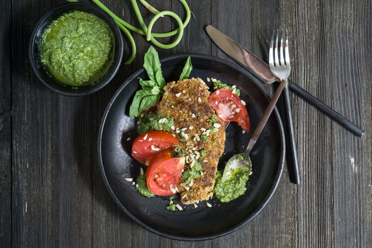 Almond Crusted Pheasant with Pesto