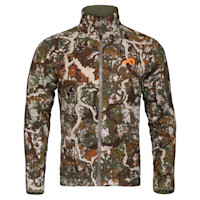 First Lite camo puffy jacket with full-length front zipper and orange logo on chest