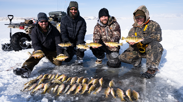 An ice fishing house, a propane heater and biting perch Stock