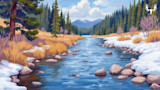 Blue mountain stream with snowy banks, golden grasses, and evergreen trees; MeatEater logo
