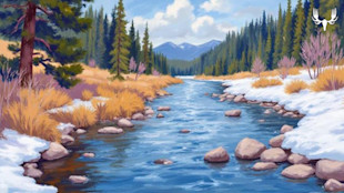 Blue mountain stream with snowy banks, golden grasses, and evergreen trees; MeatEater logo