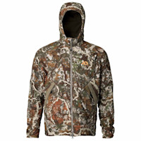 First Lite camo hooded jacket with full front zipper and chest logo