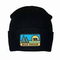 Black knit beanie with embroidered patch showing trees, a bear and text "BEAR GREASE"