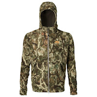 First Lite Phase men's camo hooded jacket with front zipper