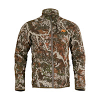 First Lite camo jacket with full-length front zipper and orange logo on chest