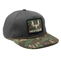 Gray cap with camo brim, MeatEater patch reading "MEATEATER", olive rope trim