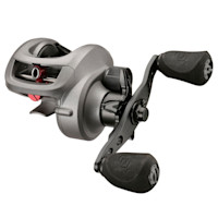 Baitcasting reel with low-profile gray body, black handle, foam paddle knobs and red spool knob