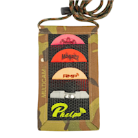 Camo Phelps diaphragm organizer with mesh pockets holding diaphragms labeled MeatEater, AMP, and Phelps