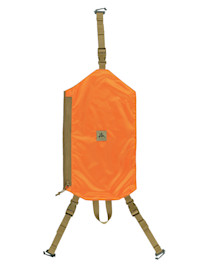 Blaze orange backpack panel with FHF Gear patch and tan attachment straps