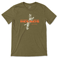 Olive T-shirt printed with leaping hound and orange text 'CUT A TRACK SEND THE HOUNDS' and 'MEATEATER'