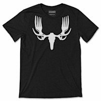 Black t-shirt with white MeatEater antler logo formed from forks; label text "MEATEATER MEDIUM"
