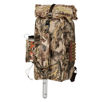 Camouflage roll-top hunting pack with shotgun-shell carrier and side water-bottle pocket