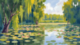 Painted lily-pad pond with pink waterlilies, weeping willows, and reflected sky