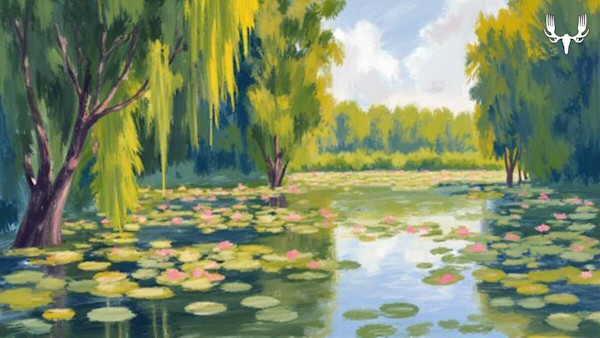Painted lily-pad pond with pink waterlilies, weeping willows, and reflected sky