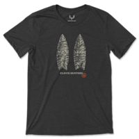 Dark gray tee with two fluted Clovis points and text CLOVIS HUNTERS, MeatEater logo