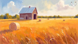 Barn in golden field with round hay bales under cloudy sky, MeatEater logo top right