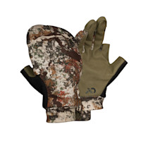 First Lite camo Trigger Flip mitt, convertible mitten with exposed trigger-finger glove