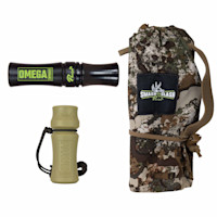 Phelps whitetail call kit: black OMEGA HYBRID call, tan FAWN DISTRESS call, camo pouch with 'SMASH AND CLASH' patch