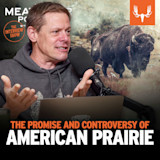 Man speaking into microphone with laptop; buffalo background; text 'THE PROMISE AND CONTROVERSY OF AMERICAN PRAIRIE'