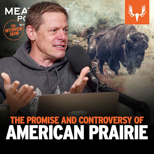 Man speaking into microphone with laptop; buffalo background; text 'THE PROMISE AND CONTROVERSY OF AMERICAN PRAIRIE'