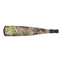 Camouflage metal bugle tube with neon green Phelps Quality Game Calls logo and black mouthpiece