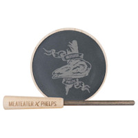 Slate-over-glass maple pot call with striker engraved "MEATEATER X PHELPS" and call face art