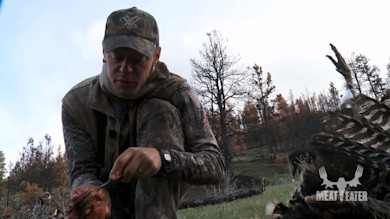 Hunter in camouflage kneeling, cleaning turkey organs; MEAT EATER logo visible