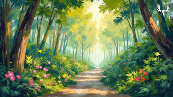 Illustrated sunlit forest path lined with flowering bushes, MeatEater logo upper right