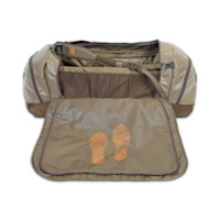 Large tan duffle bag open with front flap showing two orange boot-print graphics and interior mesh pocket