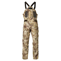 Men's camouflage hunting bib with black adjustable suspenders and chest pockets