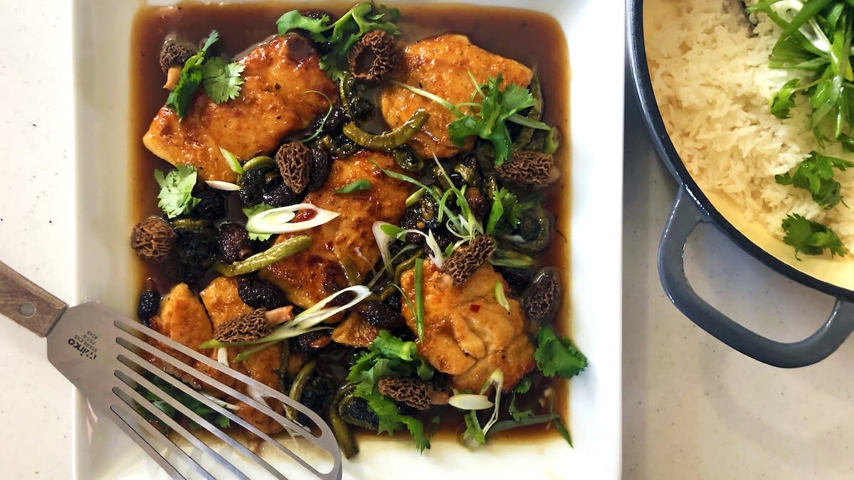 Sweet-and-Sour Fish with Morels and Fiddleheads