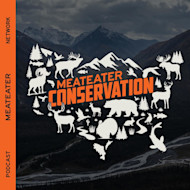 MEATEATER CONSERVATION with white wildlife silhouettes over mountains; left bar reads MEATEATER NETWORK PODCAST