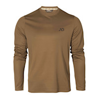 First Lite men's Yuma synthetic long-sleeve crew in brown with small chest logo