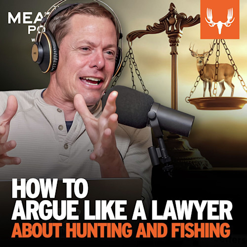 Man speaking into microphone, scales with deer behind; text "HOW TO ARGUE LIKE A LAWYER ABOUT HUNTING AND FISHING"