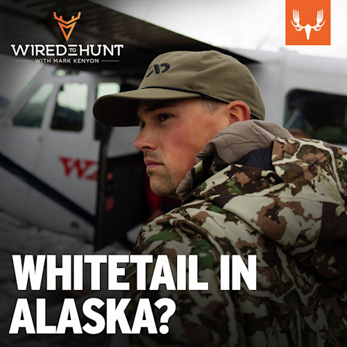 WHITETAIL IN ALASKA? text overlay; hunter in camouflage jacket and cap beside small aircraft
