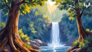 Painted forest waterfall between two trees with pool below; MeatEater logo in top-right