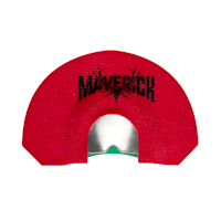 Red diaphragm mouth call reading "MAVERICK" with silver reed plate