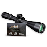 Razor HD LHT 3-15x42 riflescope with MEATEATER card showing First Lite, FHF Gear, Phelps logos