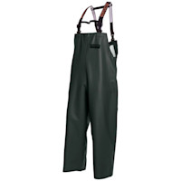 Dark green commercial fishing bibs with adjustable black shoulder suspenders