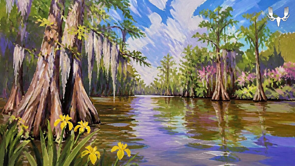 Painted cypress swamp river, yellow irises in foreground, MeatEater logo in corner